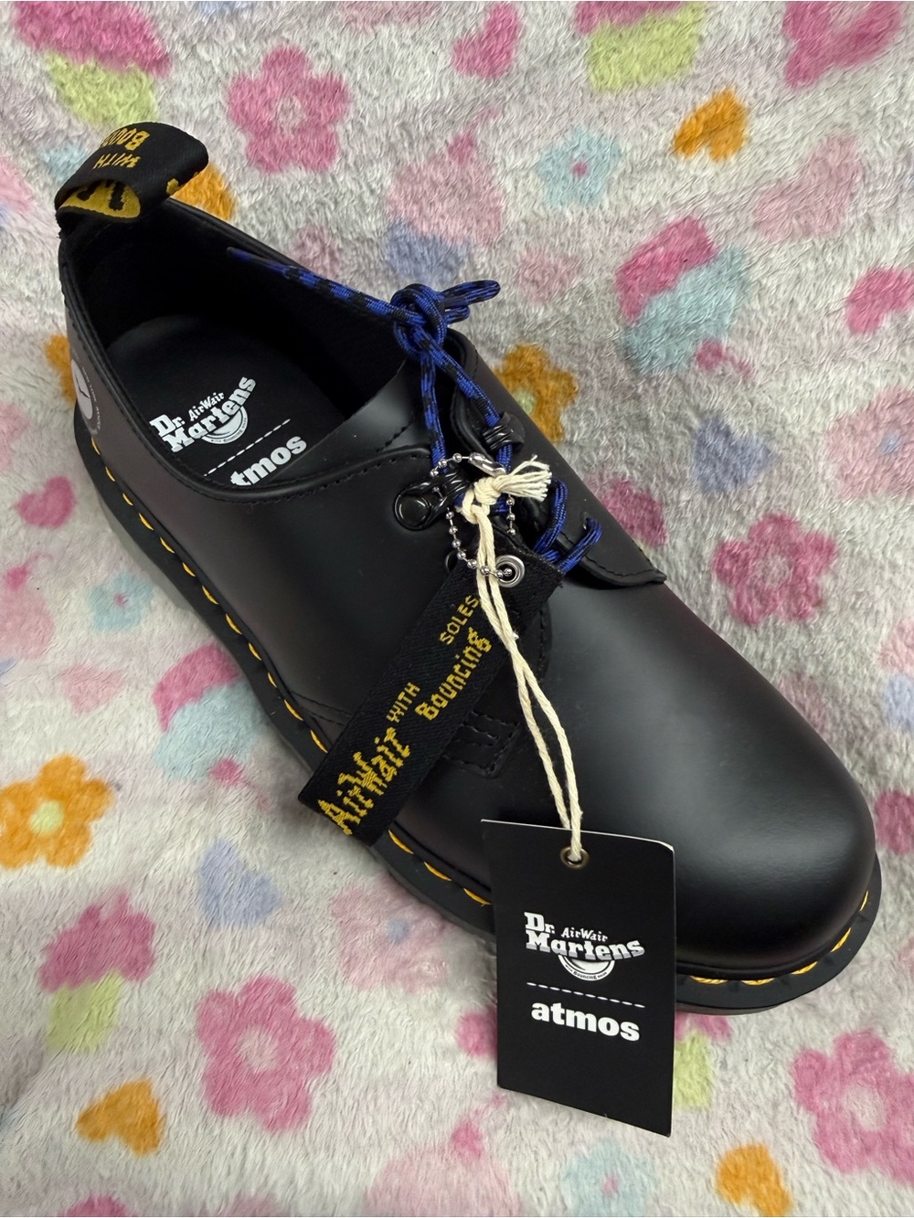 Dr. Martens Black Leather Oxford with Yellow Stitching and Blue Laces